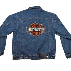 Harley-Davidson Youth Boys Denim Jacket Blue Embroidered Logo M 12/14 -spots